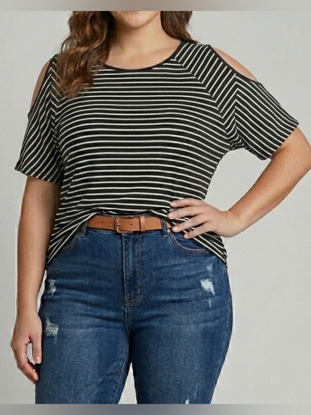 Anne Klein Women's Black & White Striped Cold Shoulder Top Medium Parisian Chic